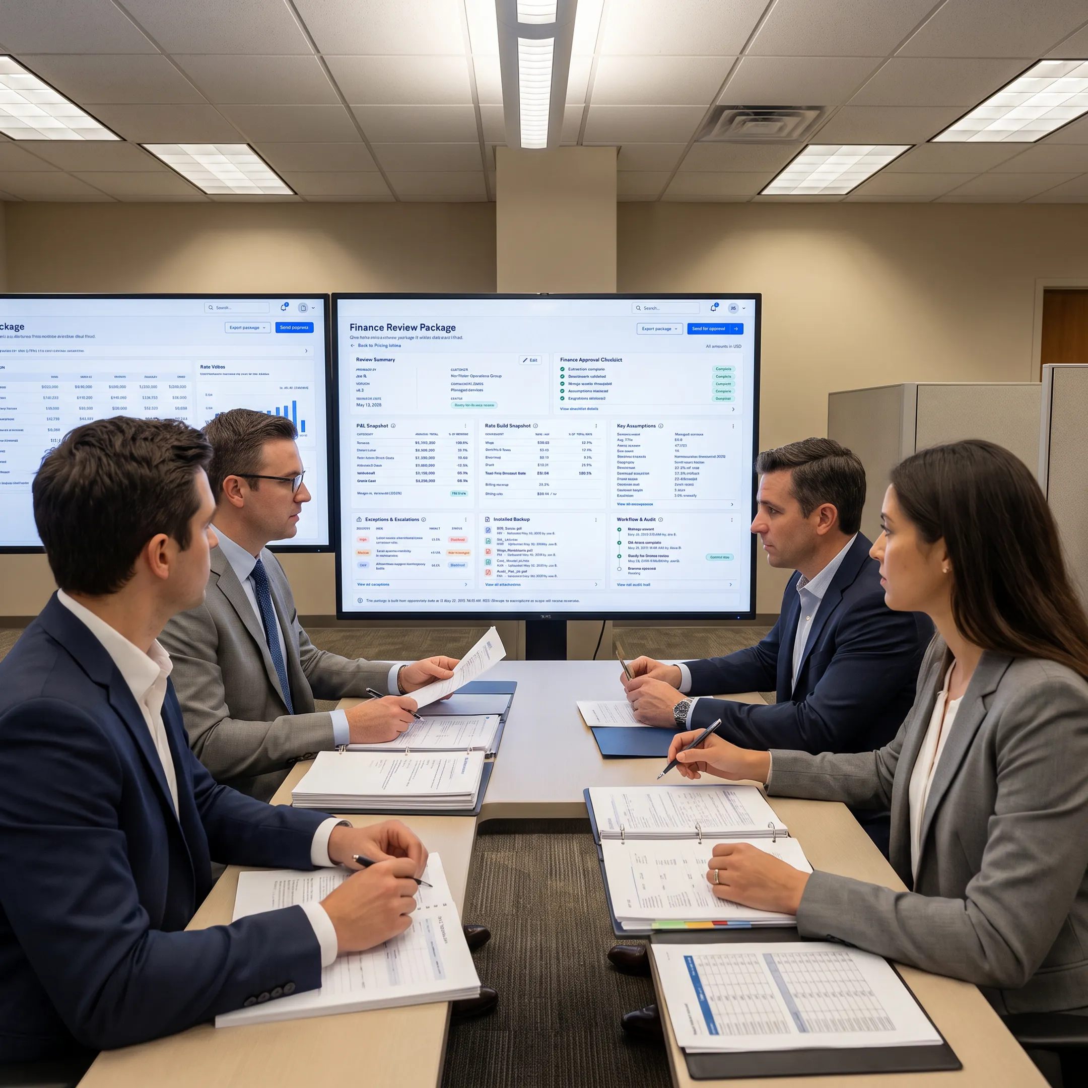 Pricing team reviewing cost volume scenarios