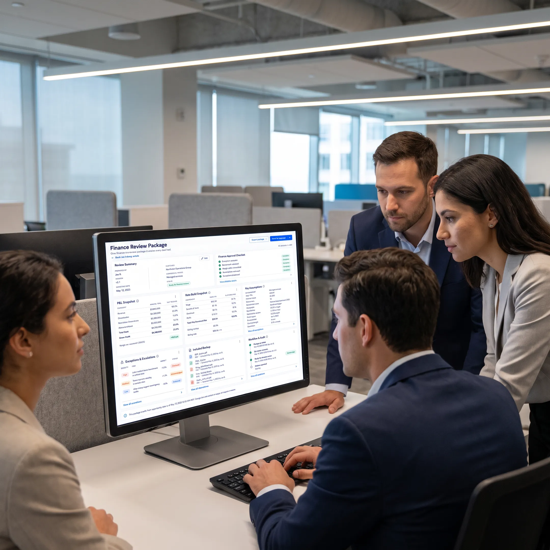 Pricing team reviewing option-year scenarios