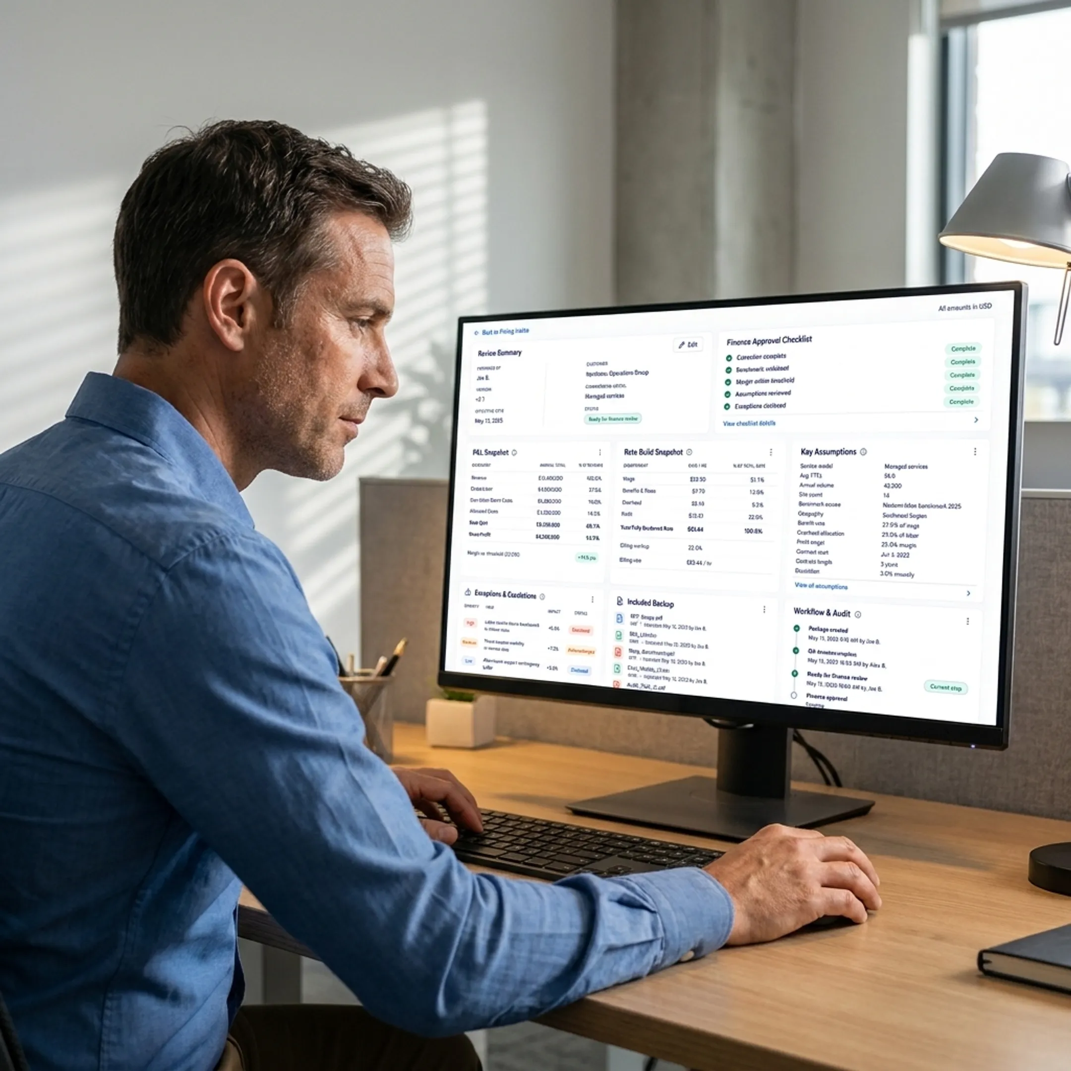 Pricing manager comparing contract labor rate scenarios