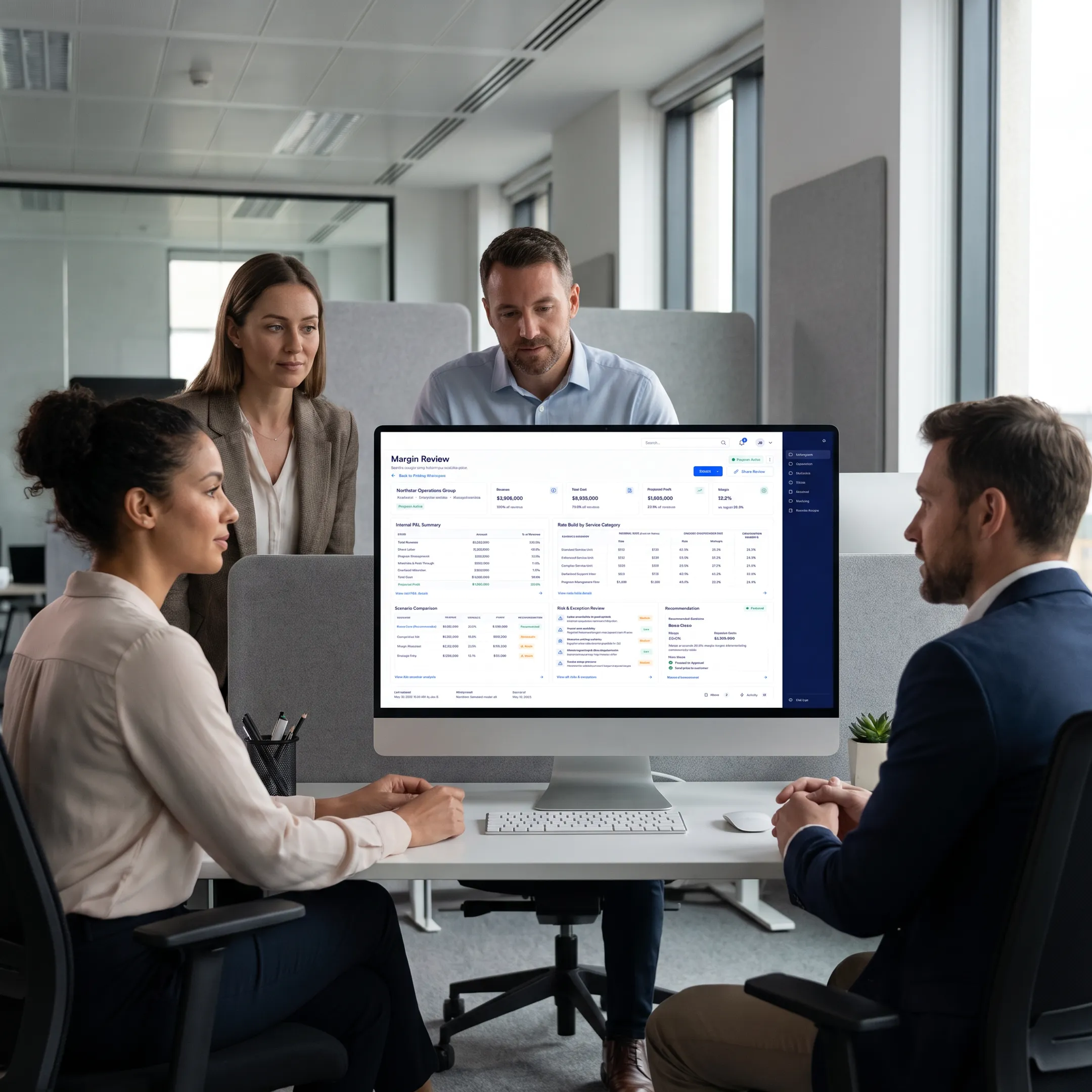 Service contractor reviewing wage-based pricing scenarios on a computer