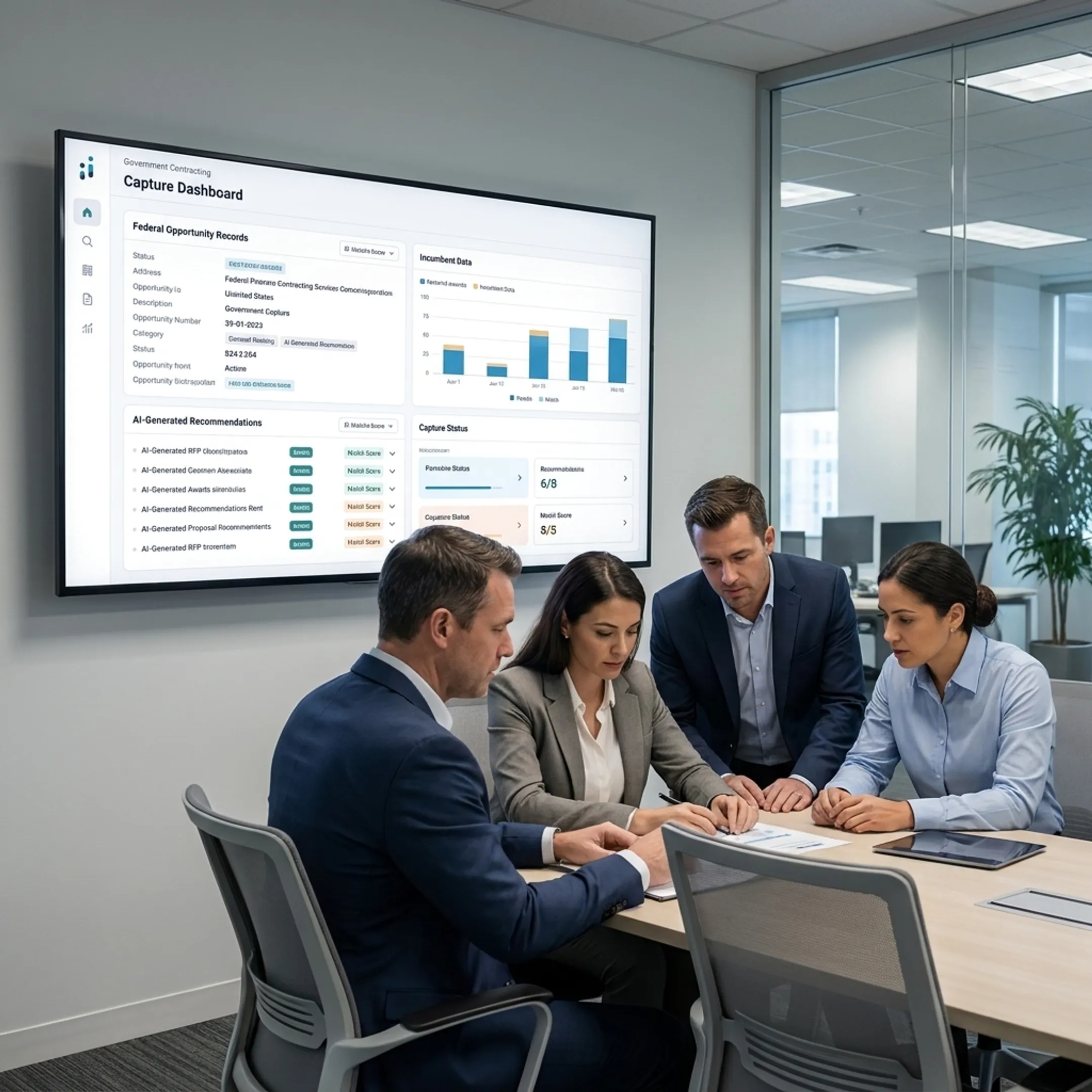 GovCon capture team reviewing AI opportunity intelligence
