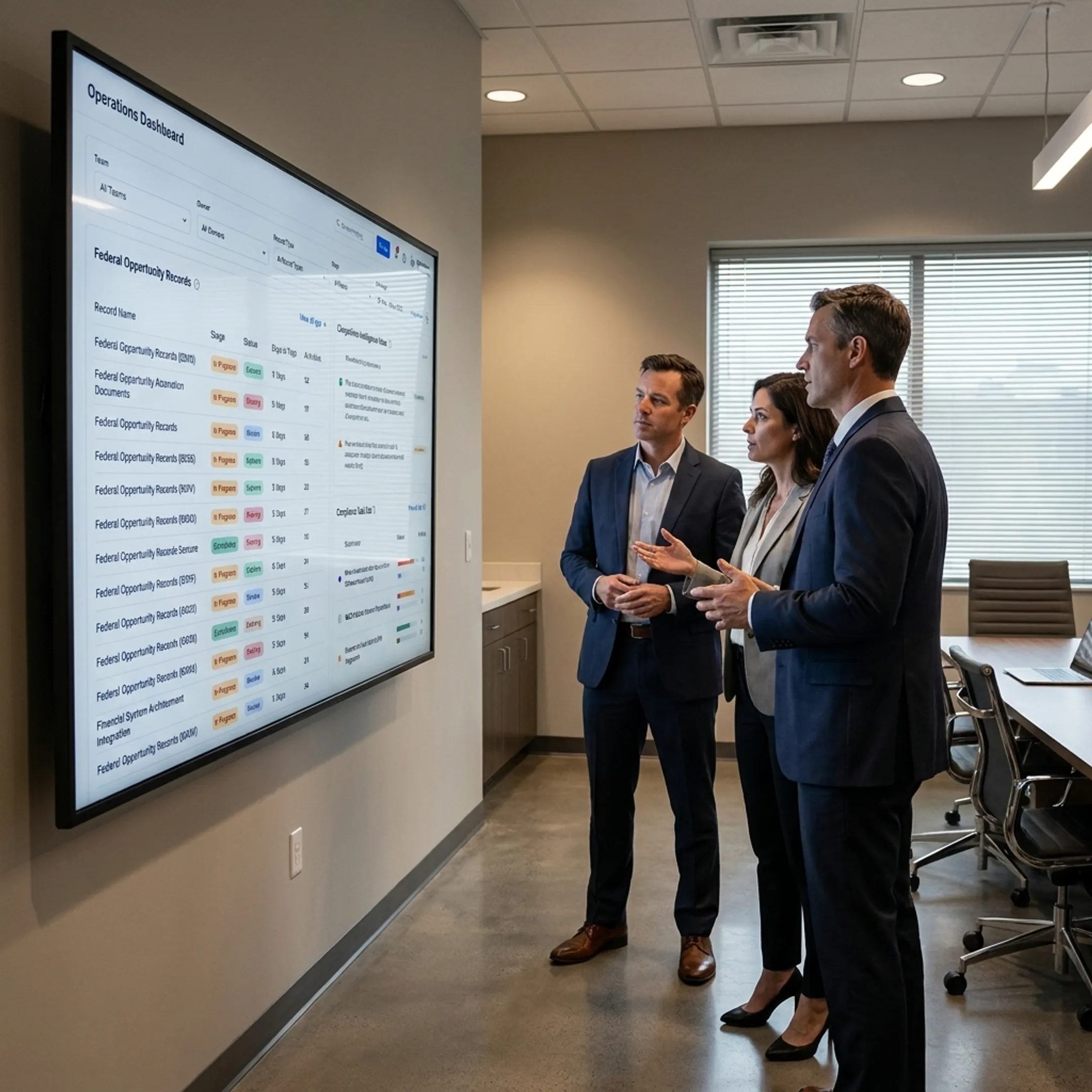 GovCon capture team reviewing opportunity intelligence and pursuit workflows