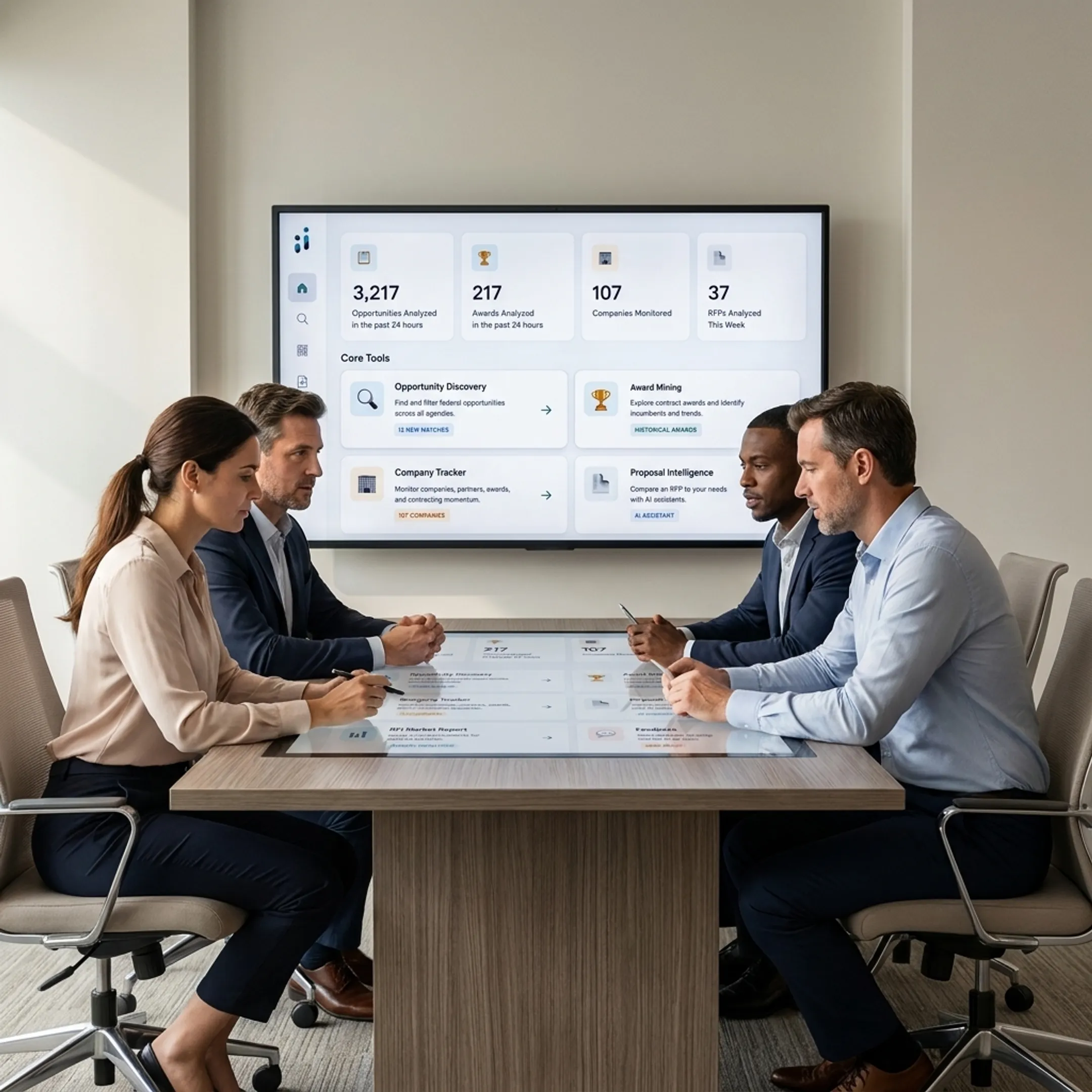 GovCon proposal team reviewing an organized RFP workflow on a digital platform