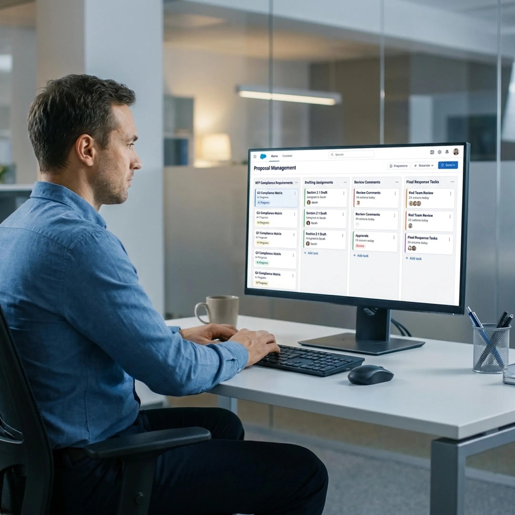 Proposal manager coordinating compliance and review tasks in a unified workspace