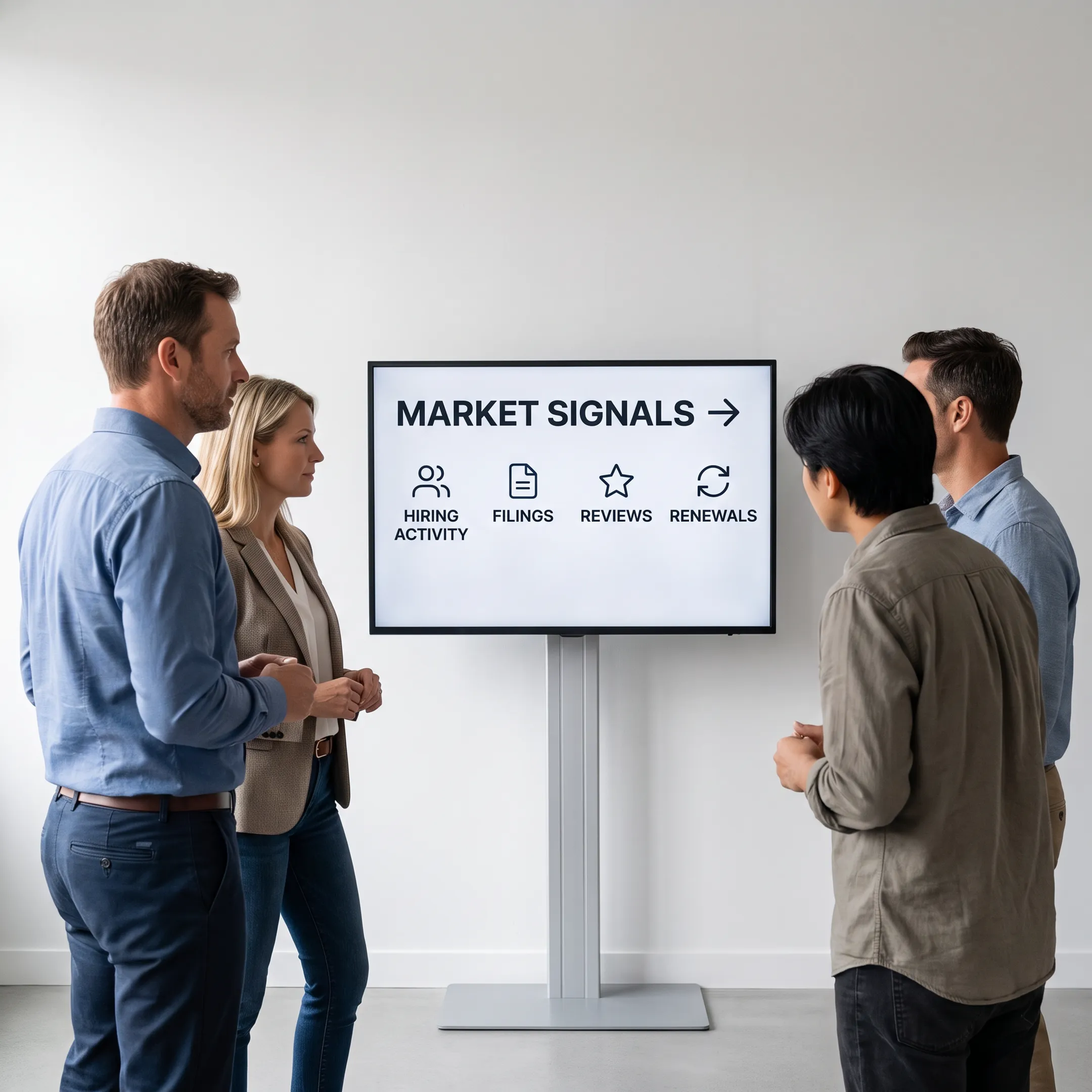 Sales team reviewing equipment dealer account signals on a laptop dashboard
