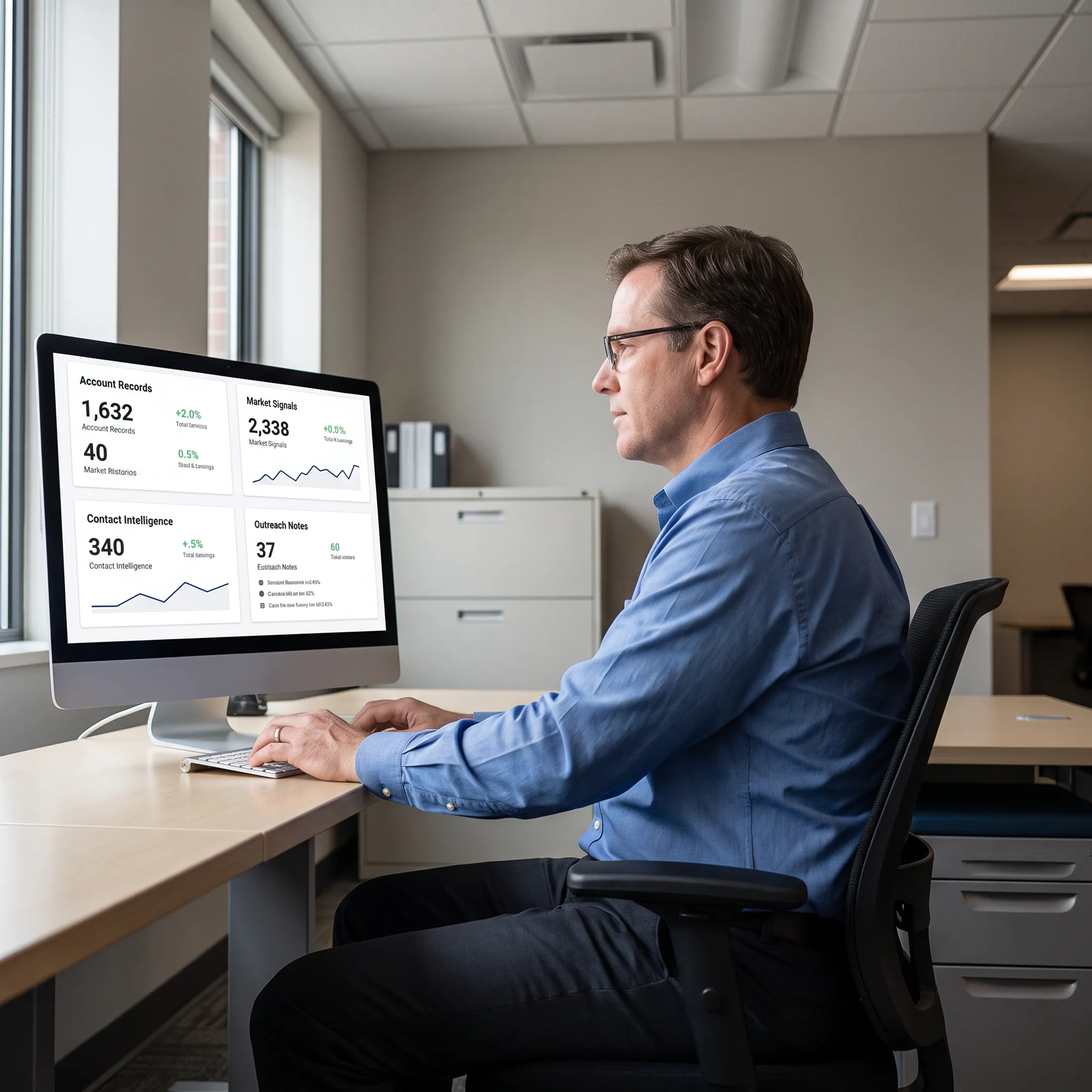 Researcher reviewing account signals and outreach notes for equipment dealers