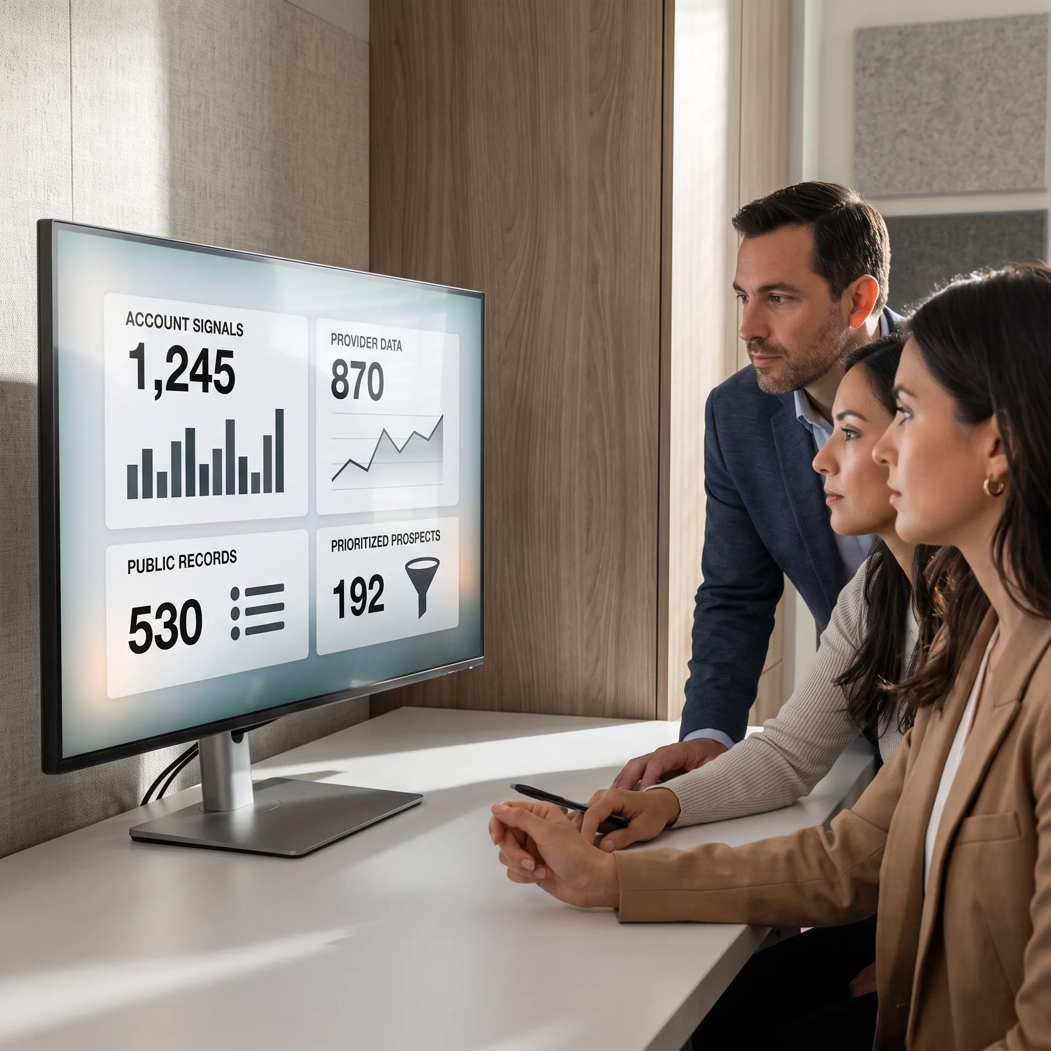 Sales professional reviewing healthcare prospect signals on a business intelligence dashboard