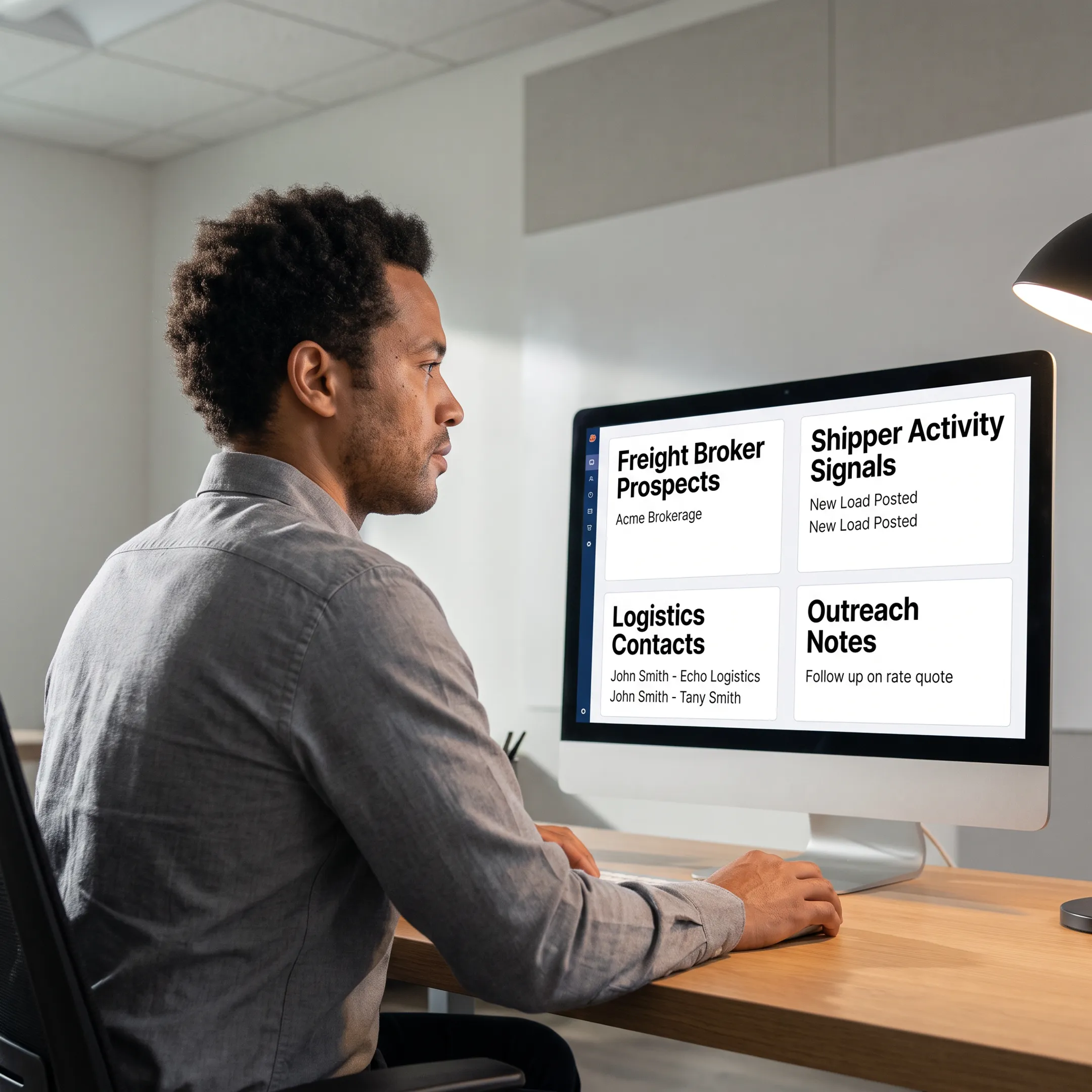 Researcher organizing freight prospect signals and decision-maker information