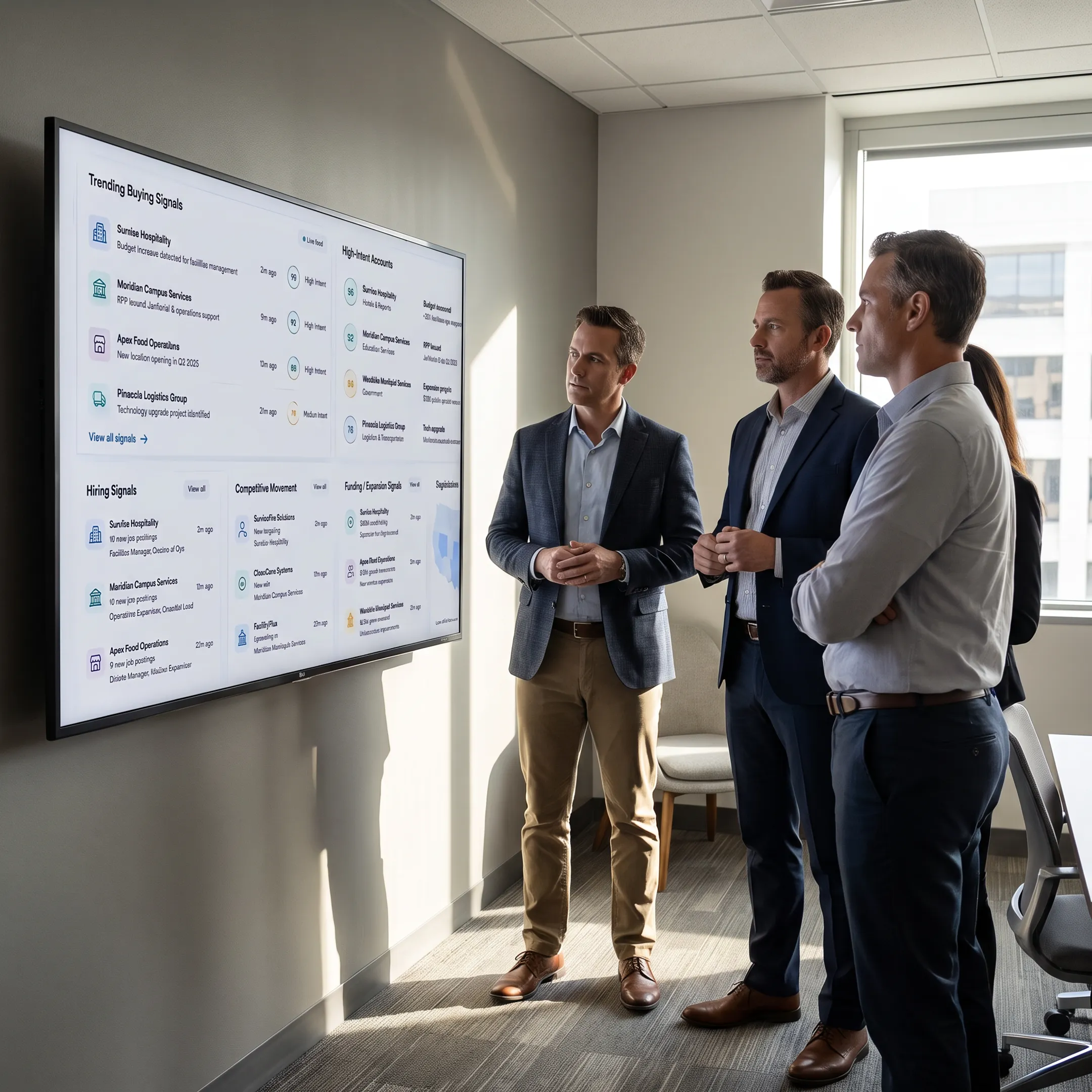 3PL sales team reviewing shipper signals and account research on a digital dashboard