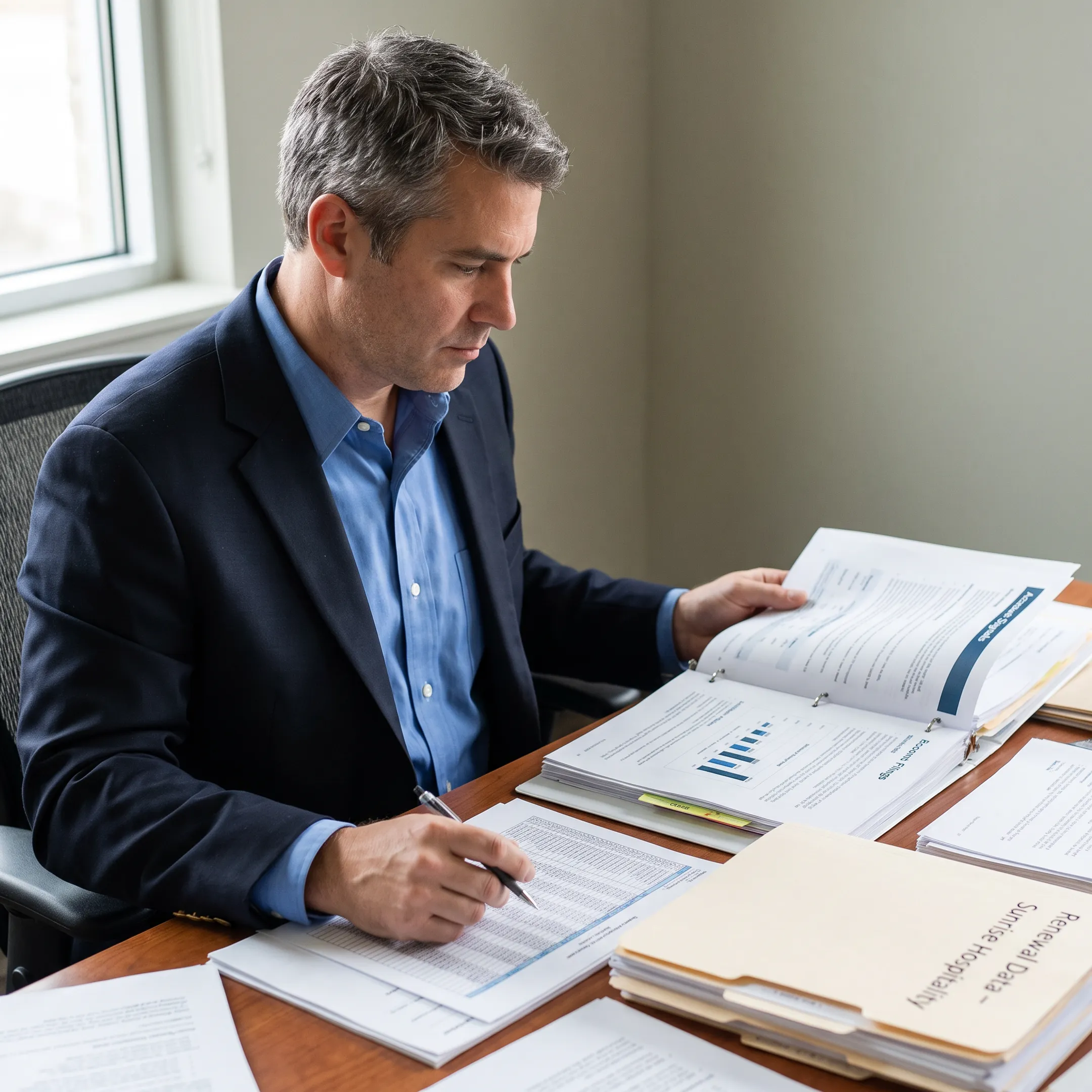 Commercial insurance broker reviewing researched prospect signals and account information