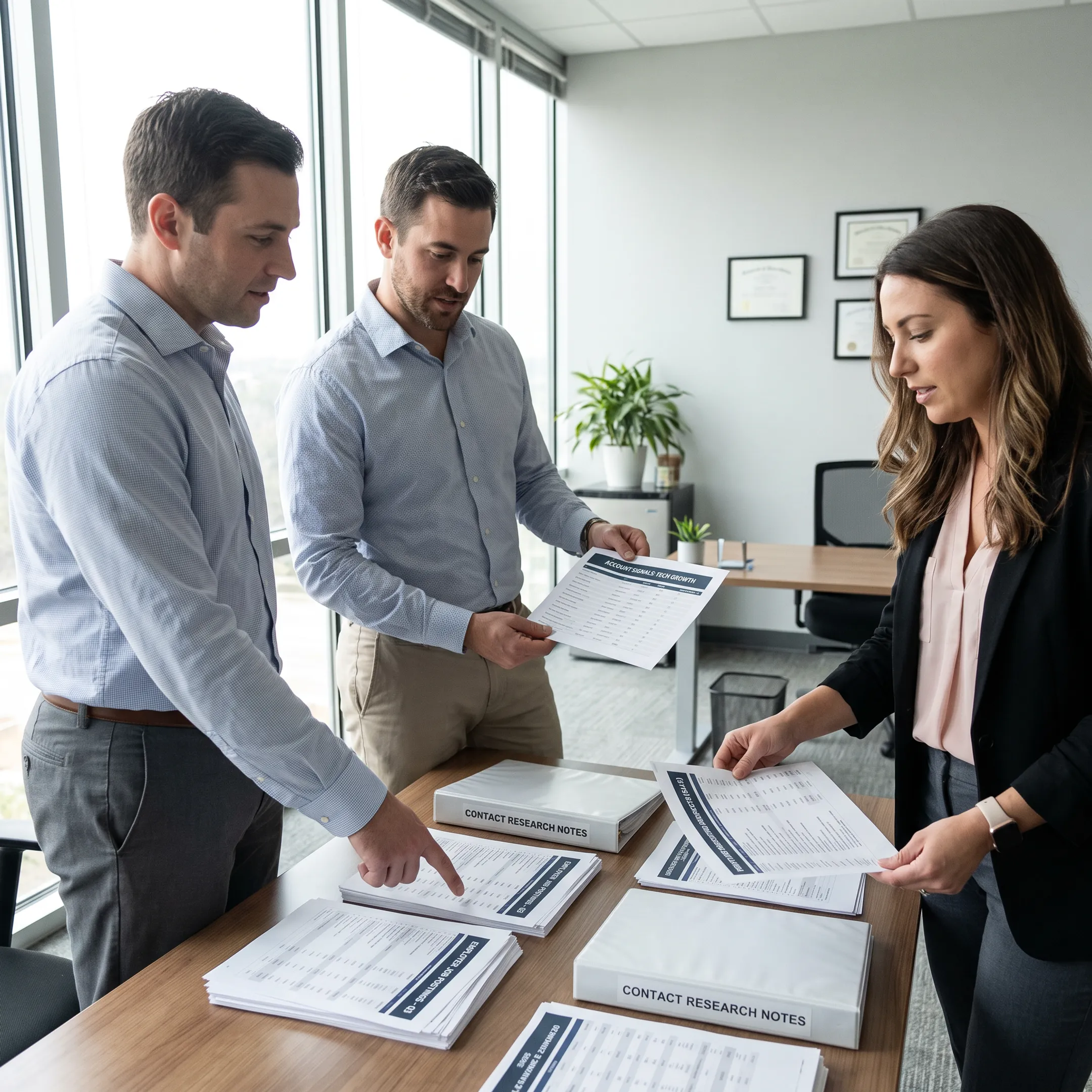 Staffing professionals reviewing employer hiring signals and prospect research on a laptop