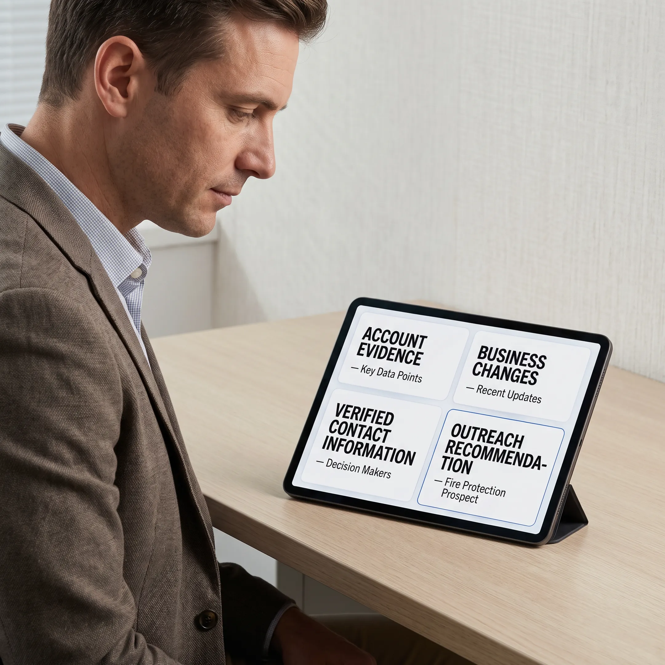 Sales professional reviewing evidence behind a fire protection prospect