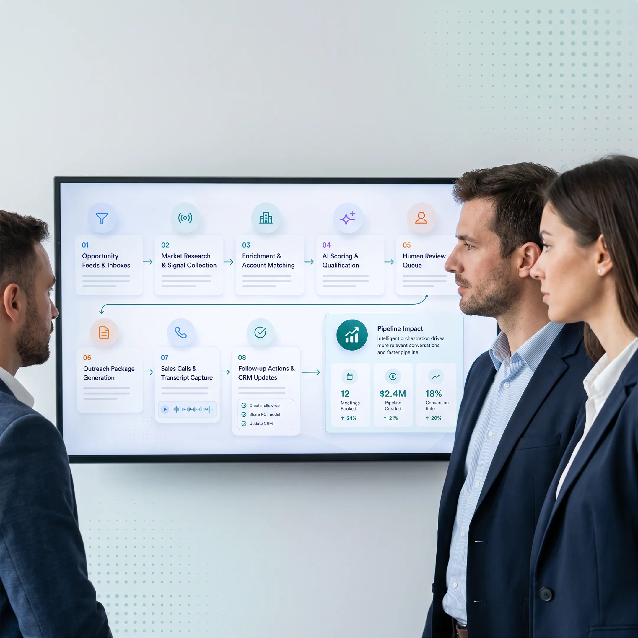 B2B revenue team reviewing account signals and prospect research on a digital dashboard
