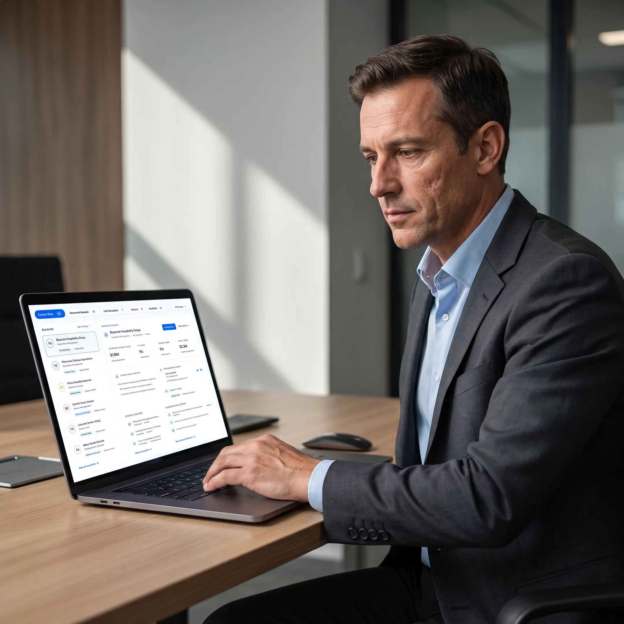 Sales professional reviewing researched account signals and recommended outreach context