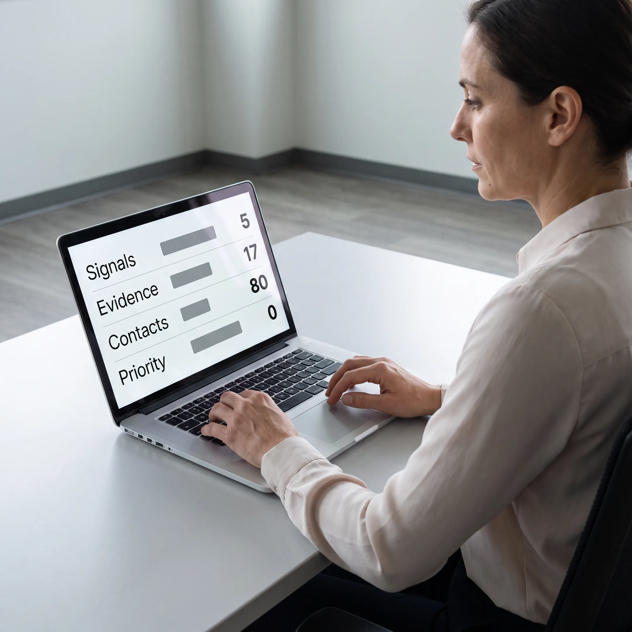 Sales professional reviewing researched account signals and verified decision-maker information