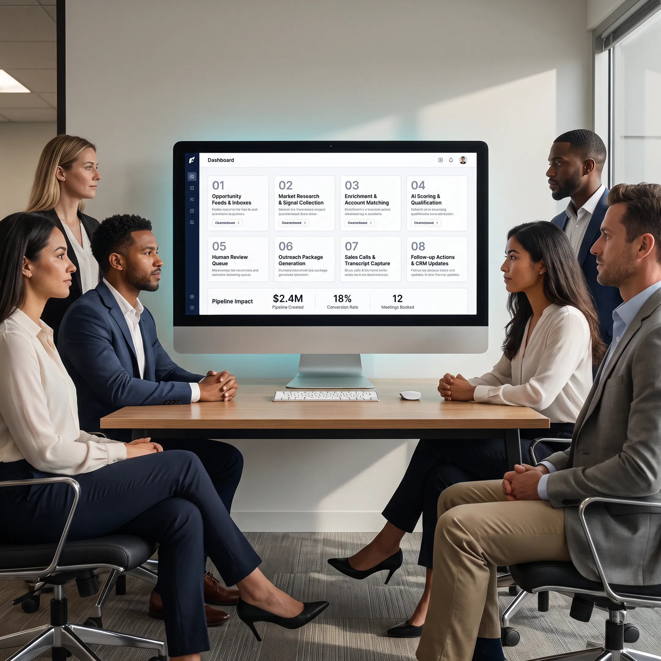 B2B revenue team reviewing account signals and prioritized prospect research on a collaborative dashboard