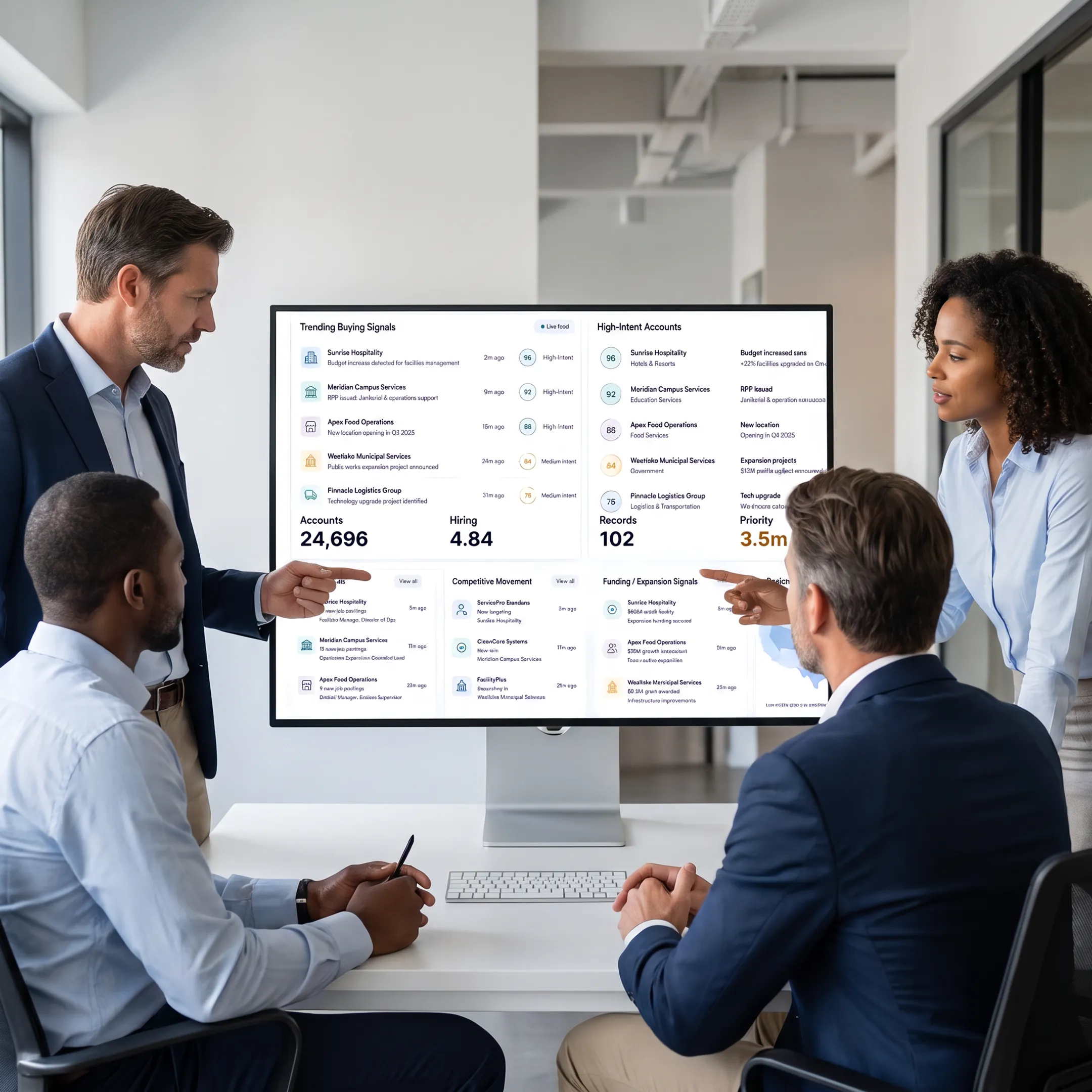 Revenue team reviewing account signals and prioritized B2B prospects on a digital workspace