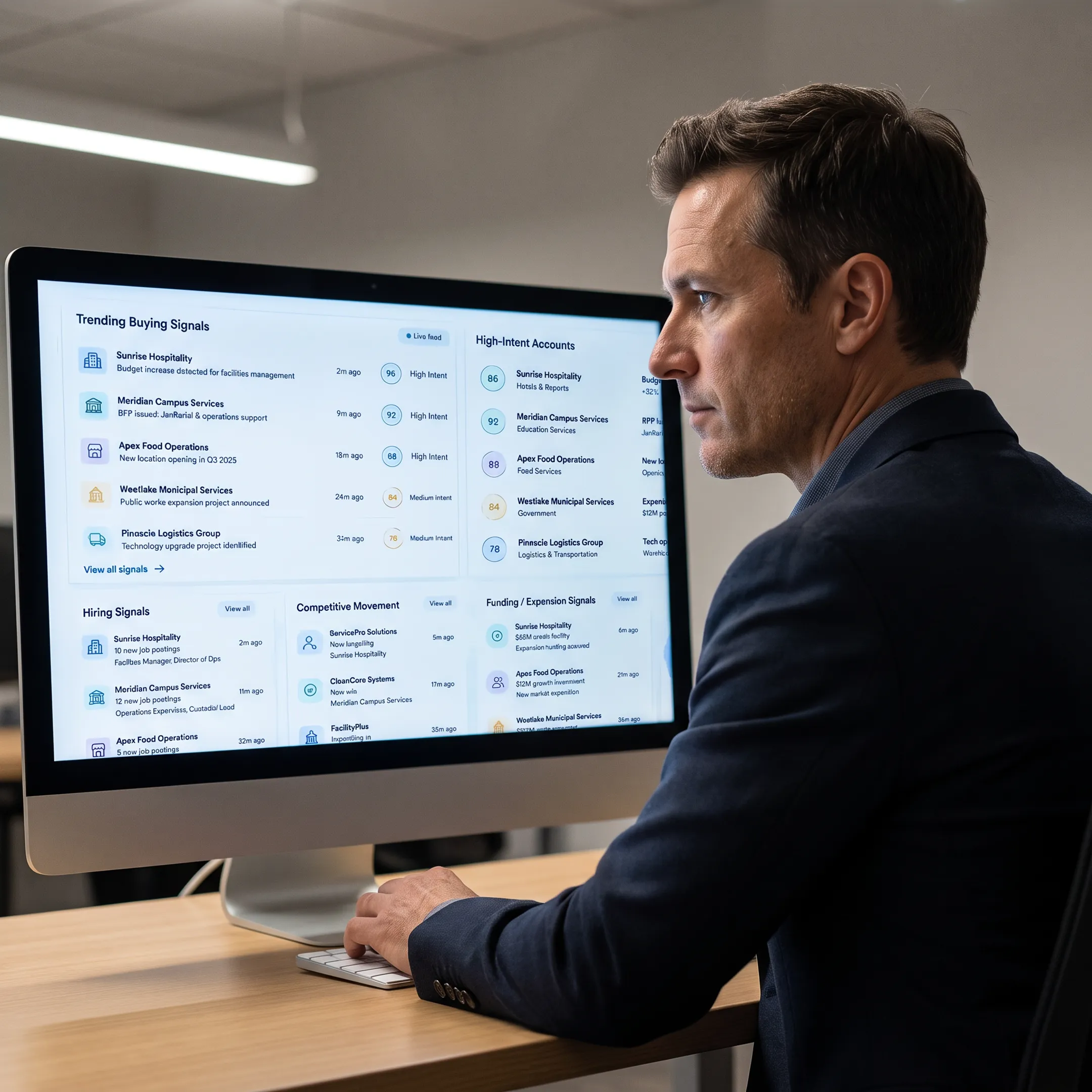 Revenue operations professional reviewing prioritized B2B account signals and contact intelligence