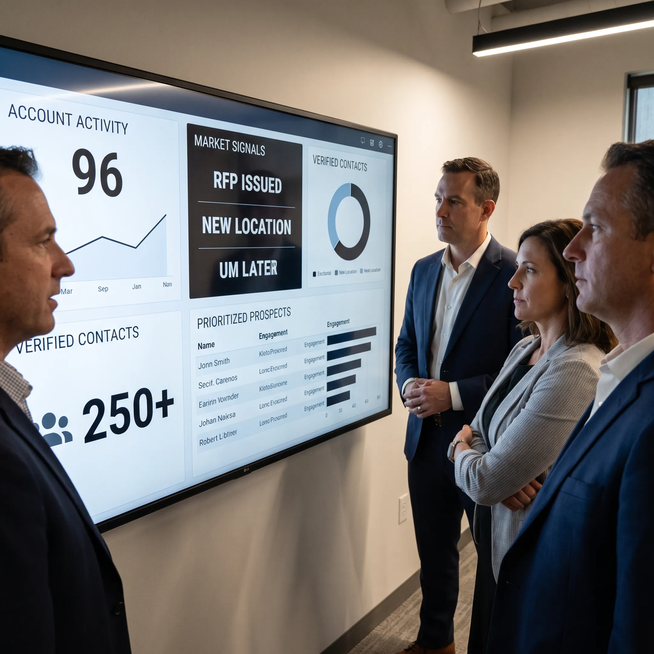 B2B revenue team reviewing account signals and prospect research on a digital dashboard
