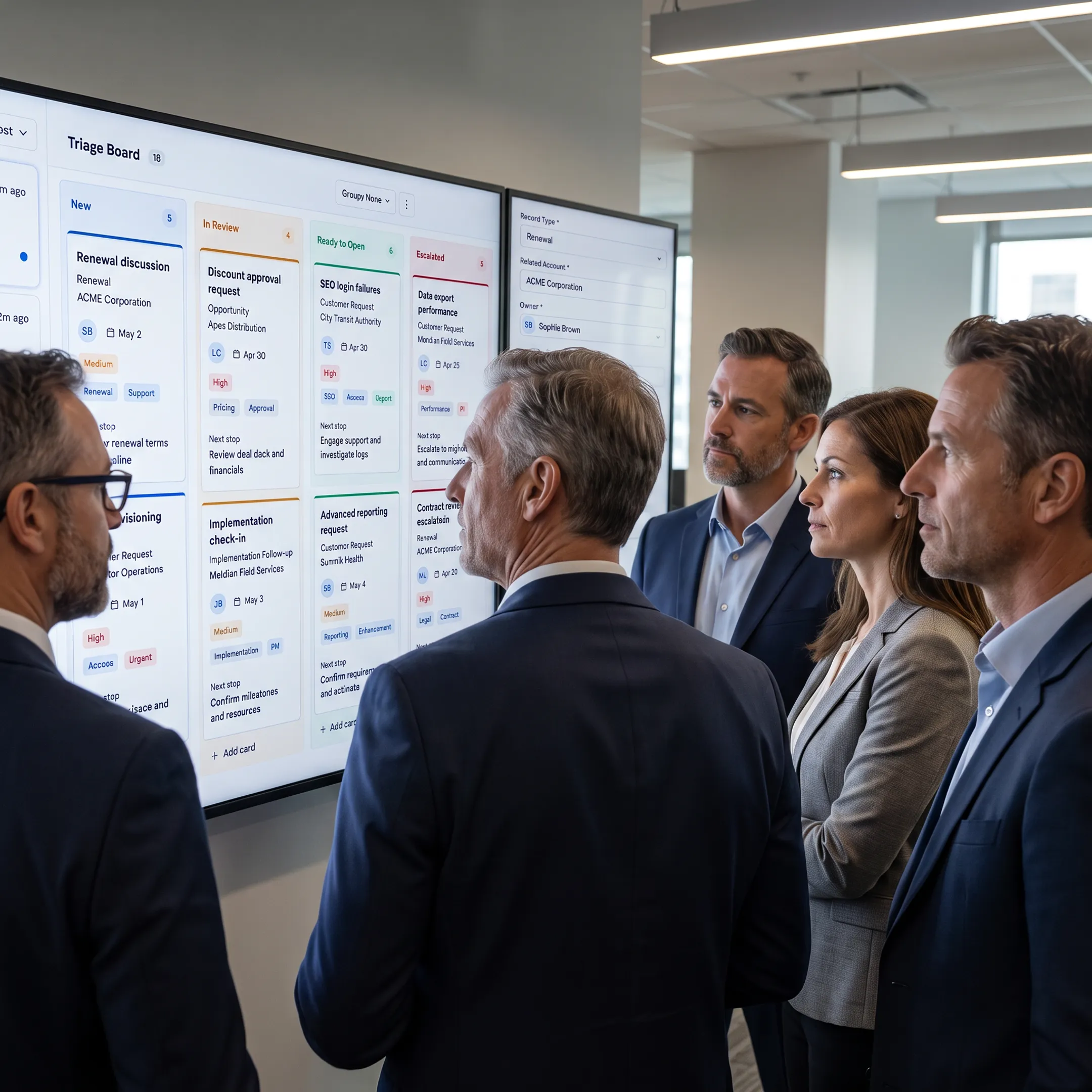 Enterprise sales team reviewing account intelligence and coordinated prospecting workflows