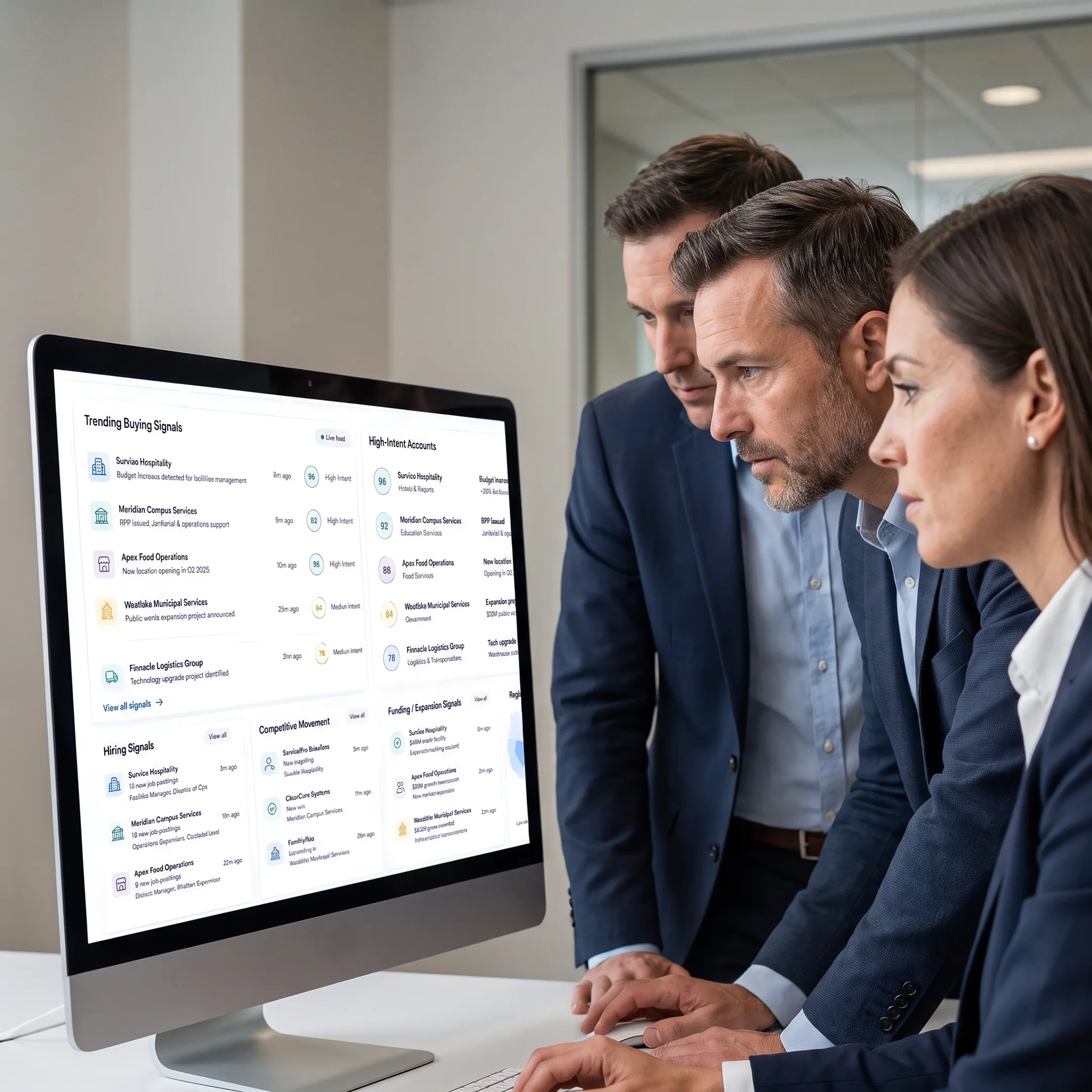 B2B revenue team reviewing account signals and prioritized sales opportunities on a software dashboard