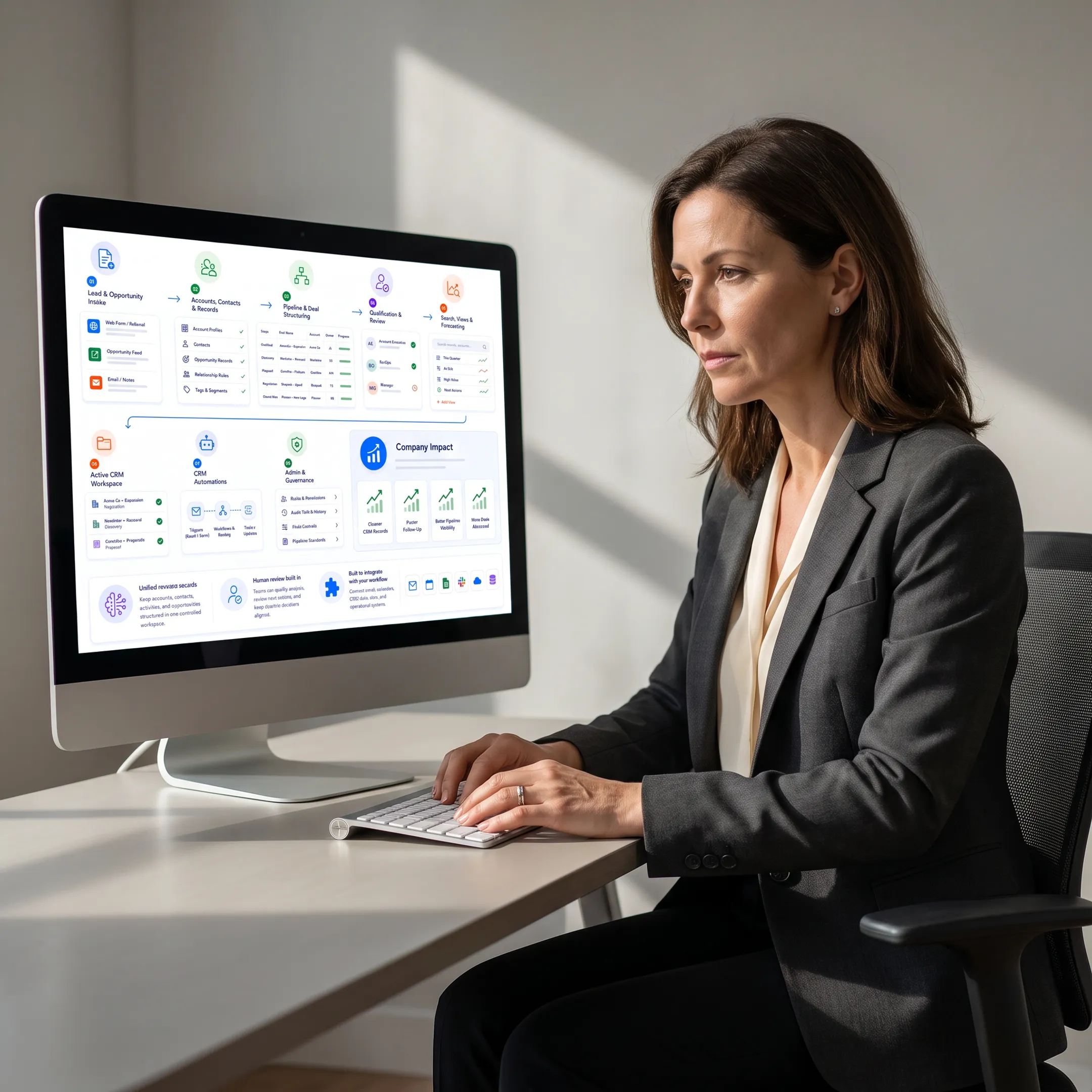 Revenue operations professional reviewing evidence-backed account signals and recommended outreach actions