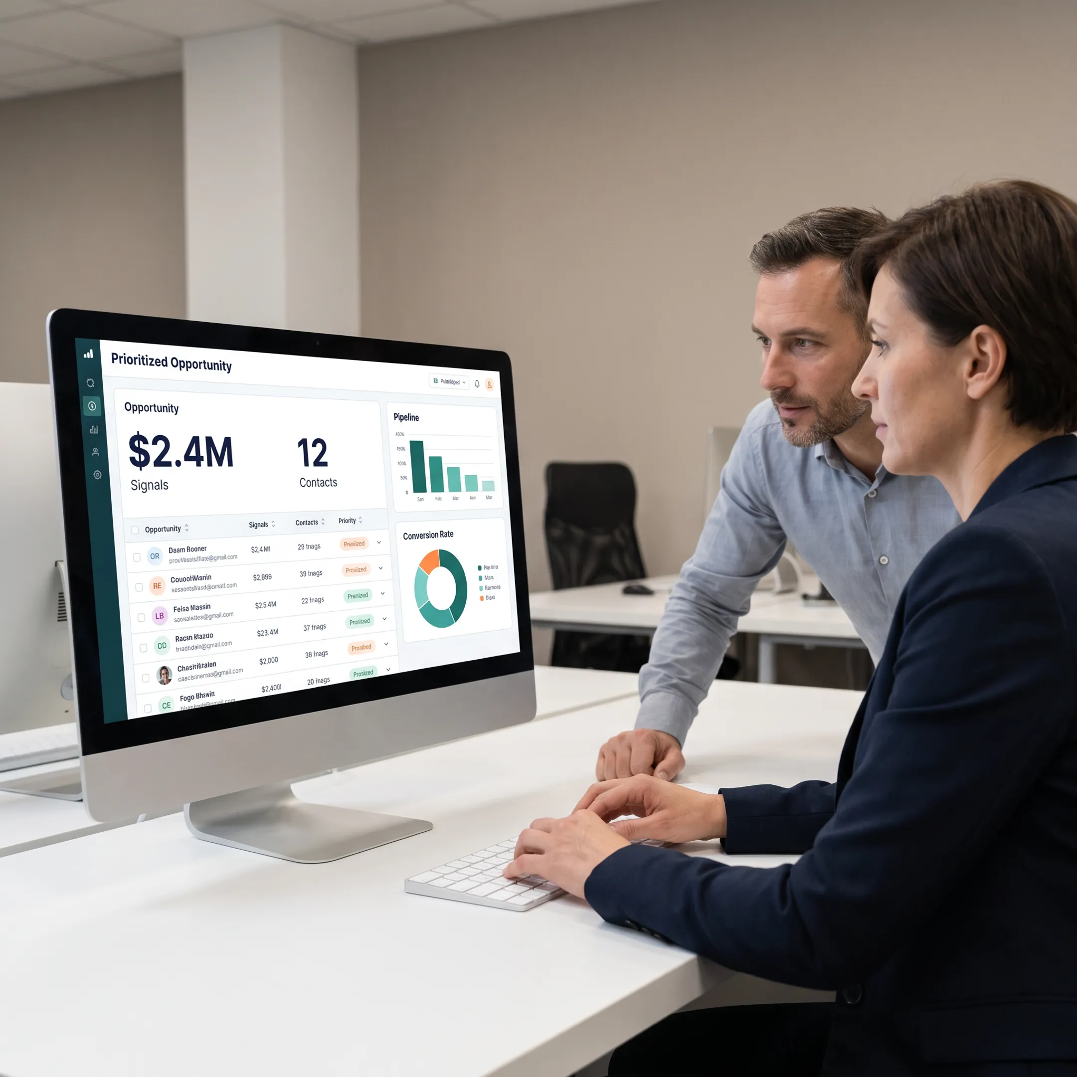 B2B revenue team reviewing buying signals and prioritized accounts on an AI-powered workspace