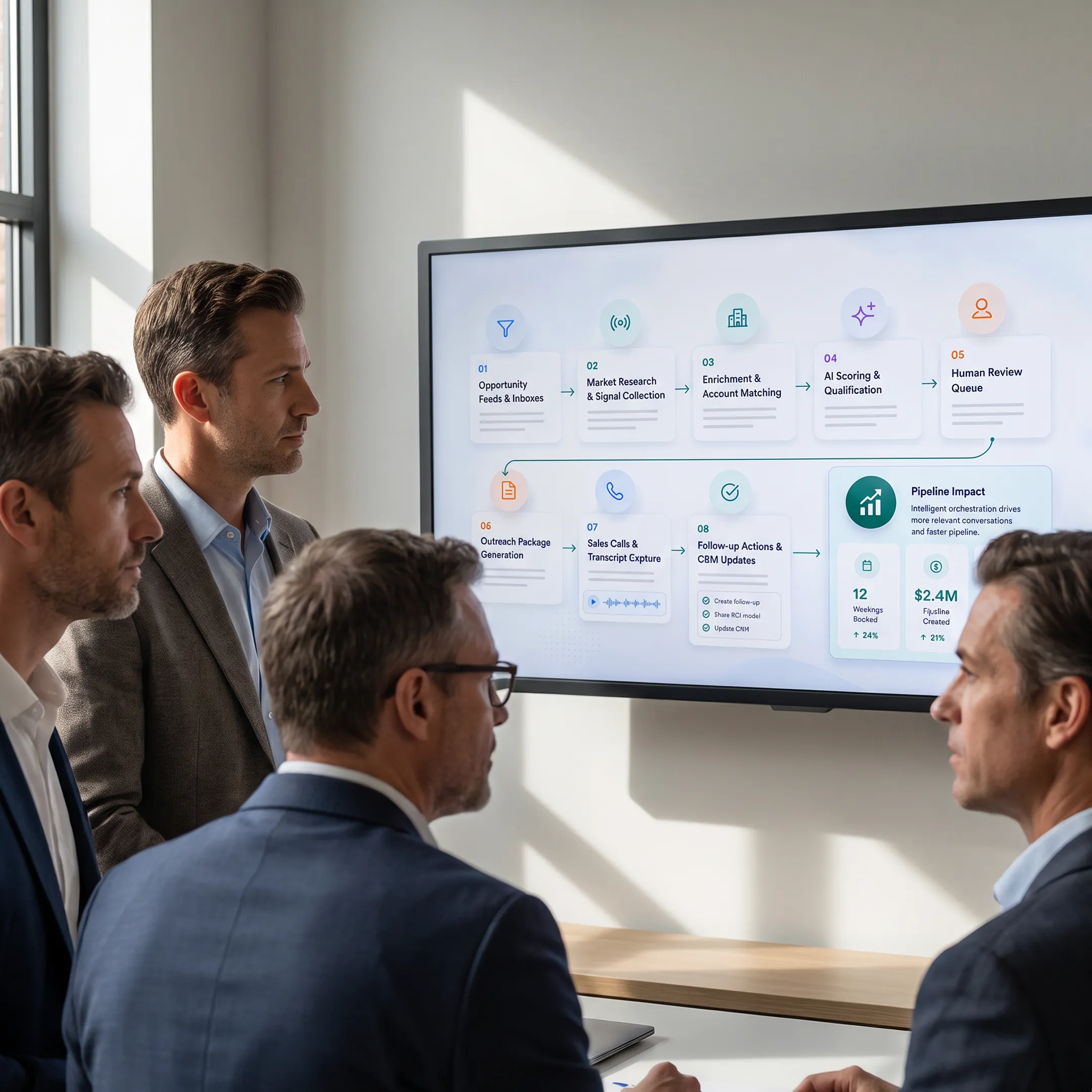 Sales leader reviewing evidence-backed account opportunities with a colleague