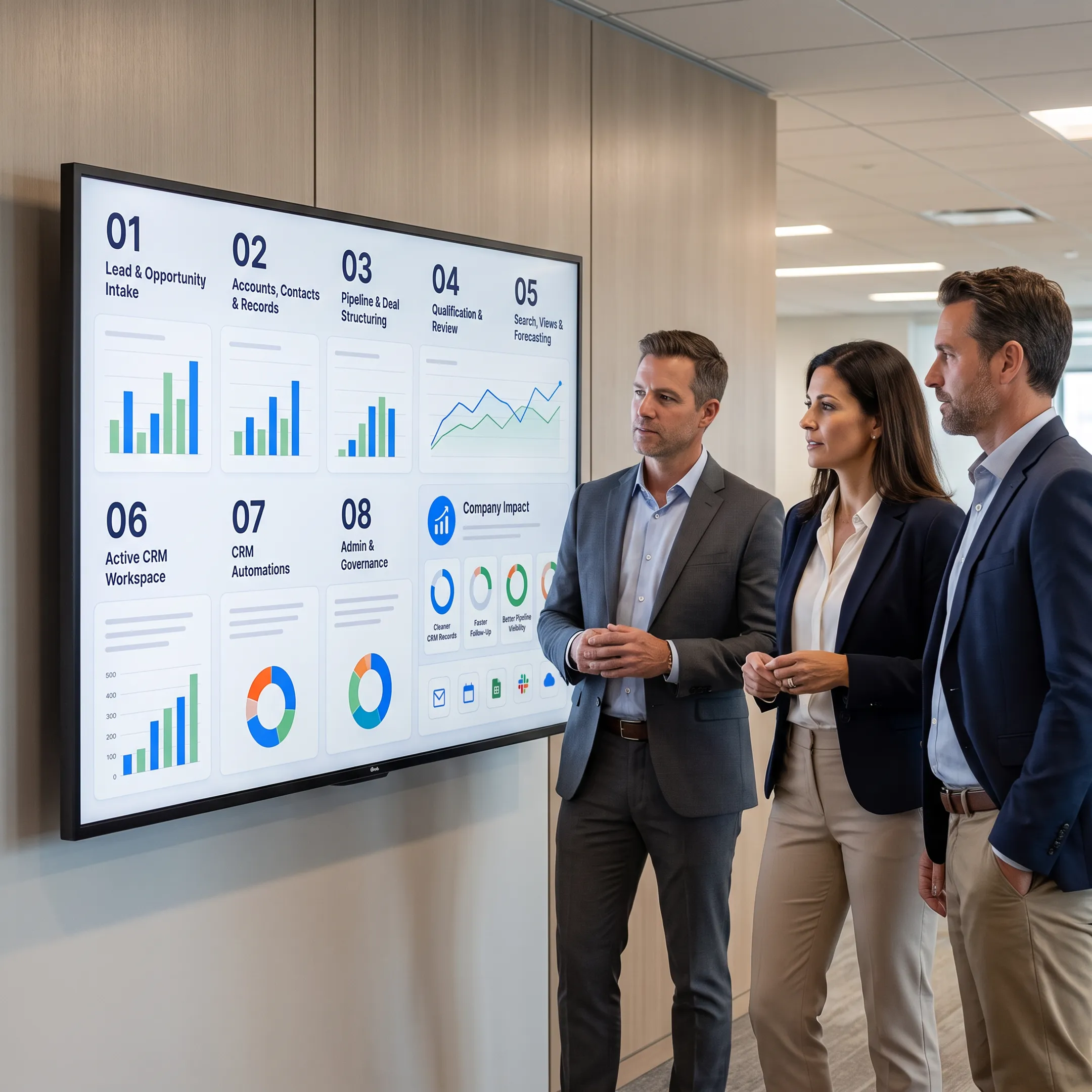 Enterprise sales team reviewing prioritized pipeline opportunities on an AI-powered dashboard