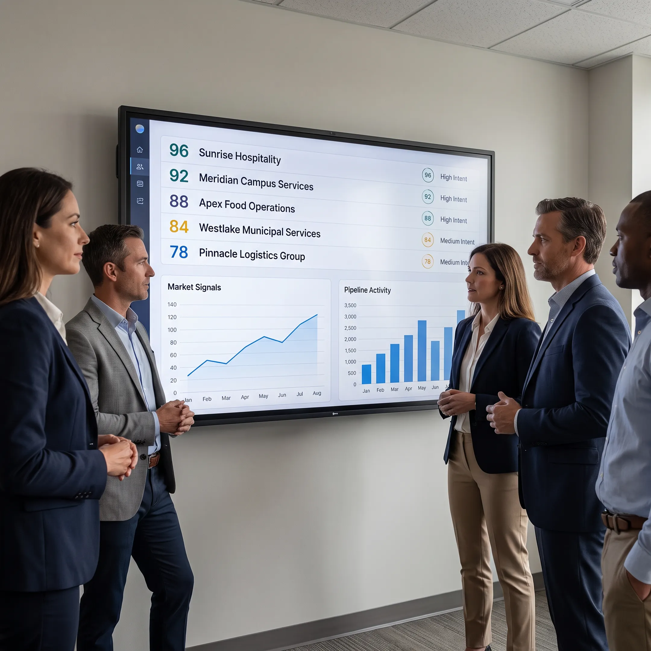 Enterprise sales team reviewing prioritized account scores and opportunity signals on a shared dashboard
