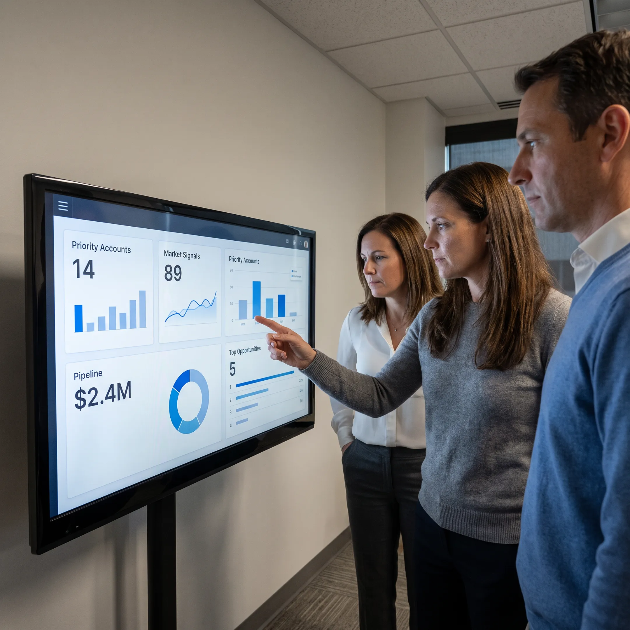 Enterprise sales team reviewing account intelligence and prioritized opportunities on an AI sales platform.