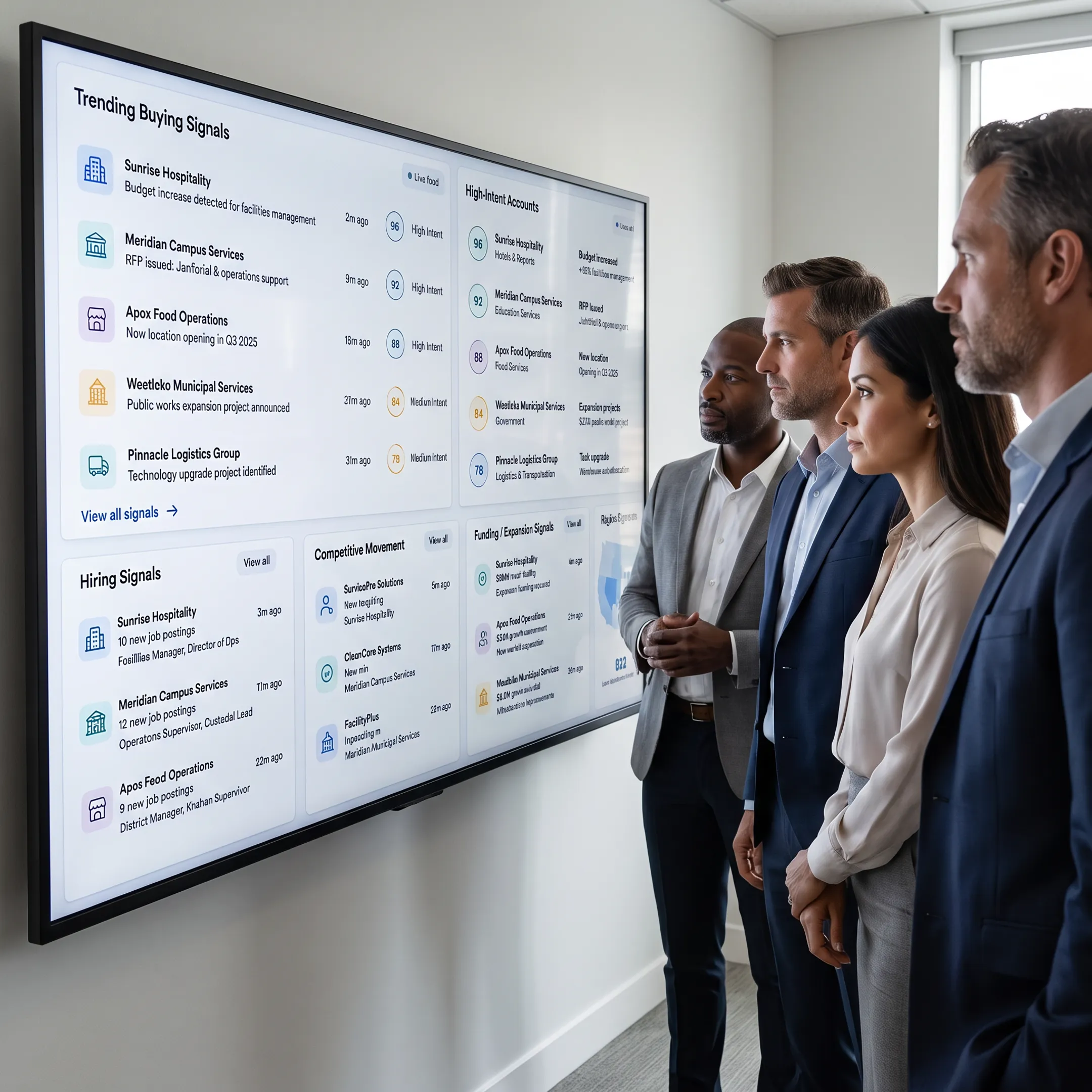 B2B revenue team reviewing account intelligence and prioritized sales opportunities on a digital dashboard