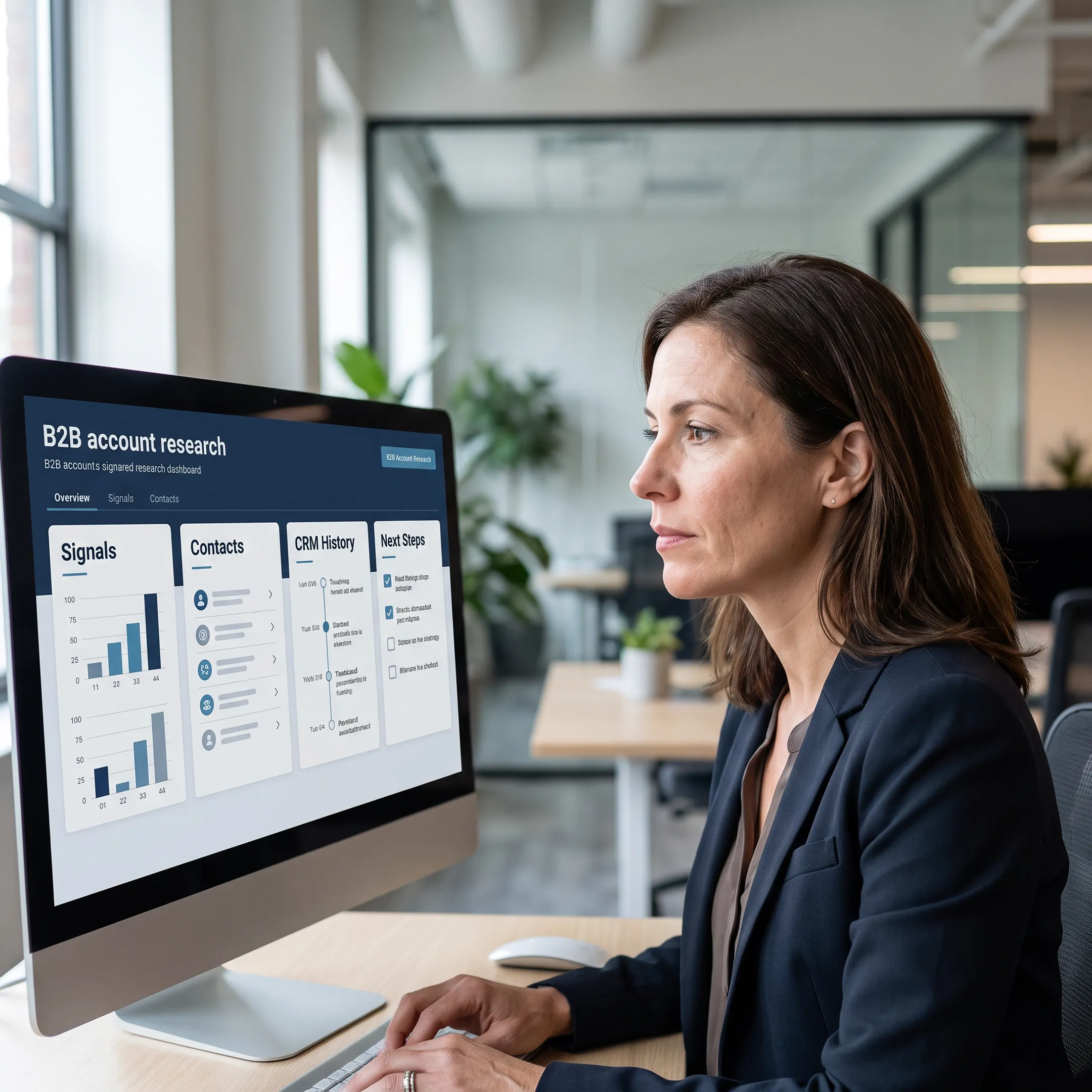 Revenue professional analyzing researched B2B account signals and contact information