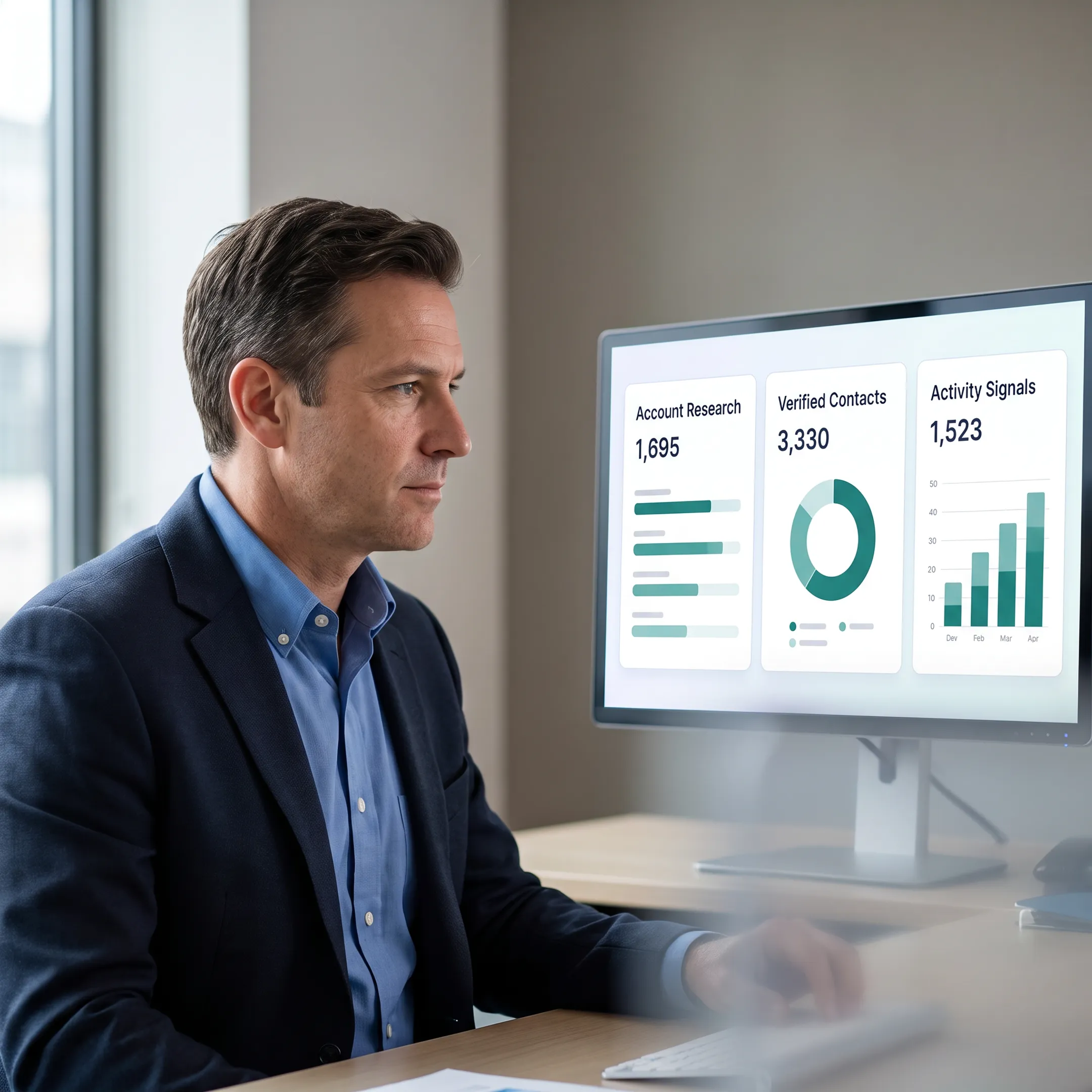 Sales professional using account intelligence to plan outreach
