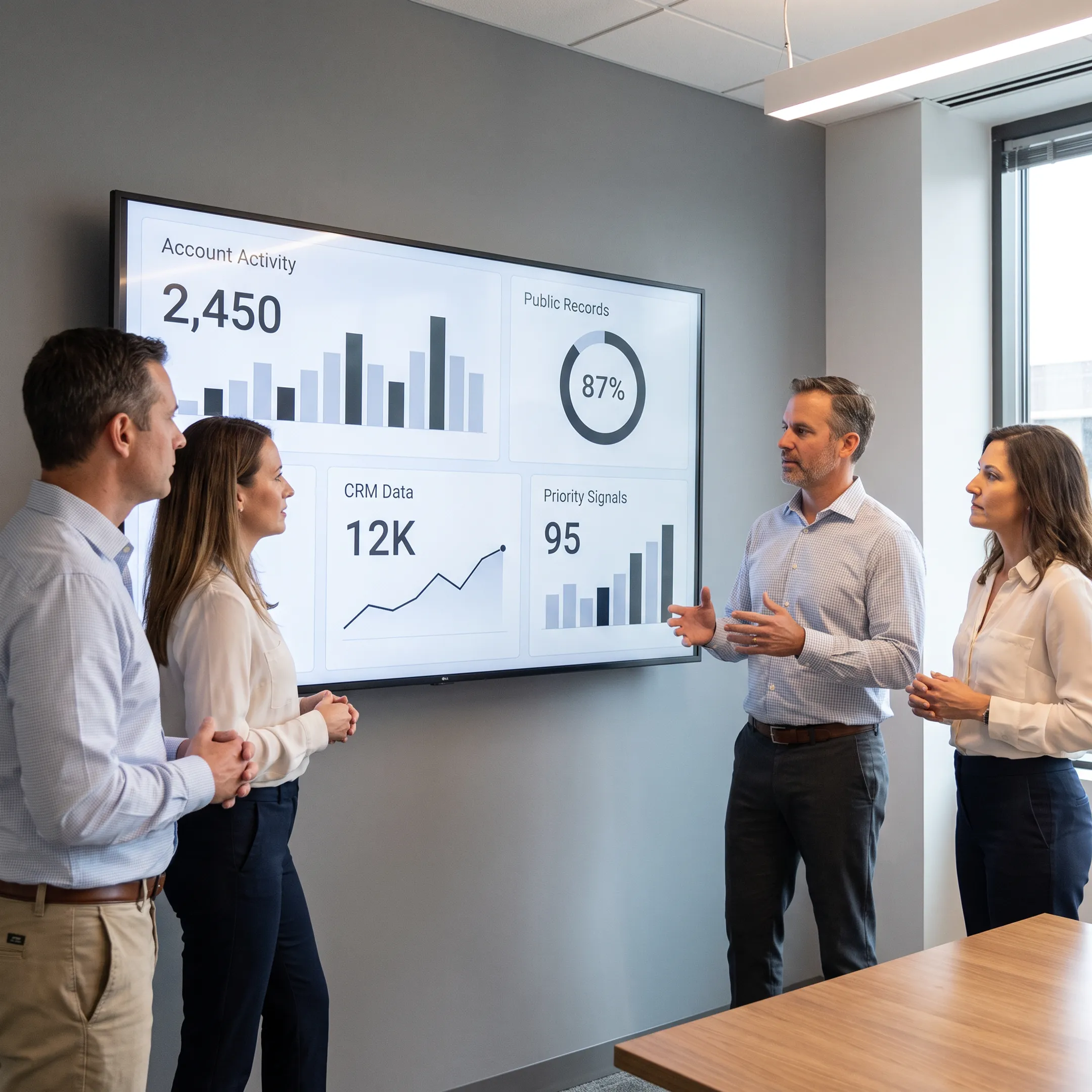 B2B revenue team reviewing account signals and prioritized prospects on a digital workspace