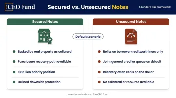 Secured versus unsecured investment notes default recovery comparison infographic