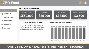 Self-directed IRA dashboard displaying monthly mortgage note interest income