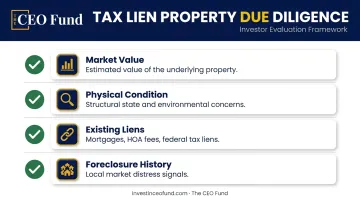 Tax lien property due diligence checklist four-step evaluation framework infographic
