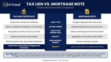 Tax lien certificate versus mortgage note investing side-by-side comparison infographic