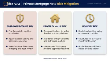 Three mortgage note risk types with mitigation strategies side-by-side overview