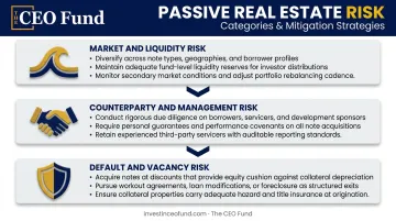 Passive real estate investing risk categories and mitigation strategies overview infographic