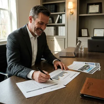 Wealth management advisor reviewing investment documents