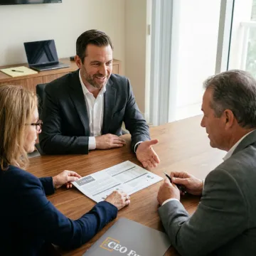Fund manager reviewing investment documents with clients