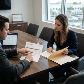 Investment managers reviewing mortgage note portfolio reports