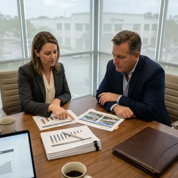 Fund managers reviewing real estate-backed investment portfolio
