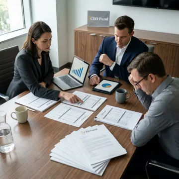 Fund managers reviewing investor documents and portfolio data