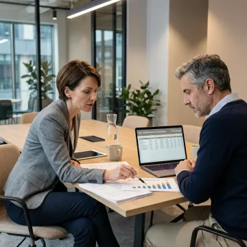 Fund managers reviewing investment portfolio documents
