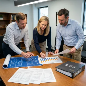 Real estate investment team reviewing multifamily portfolio