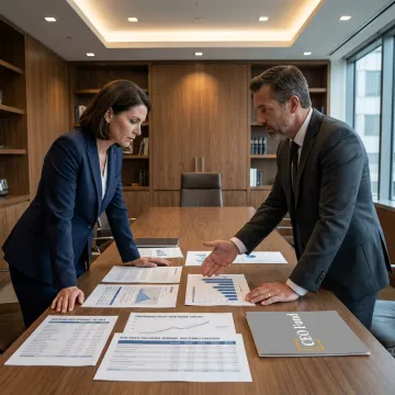 Investor reviewing portfolio documents with fund manager