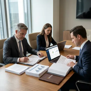 Professional investment fund managers reviewing portfolio documents